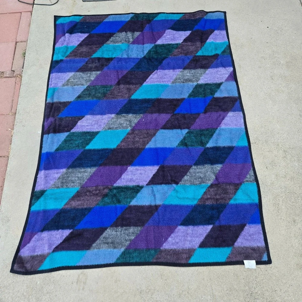 Vtg Biederlack Purple Blue Teal Plaid Checkered Fleece Blanket USA